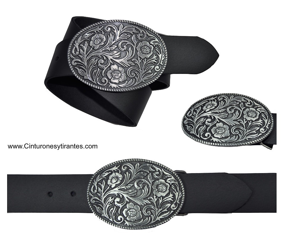 BELT BUCKLE LEATHER WITH OVAL WITH FLORAL MOTIVE A RELIEF 