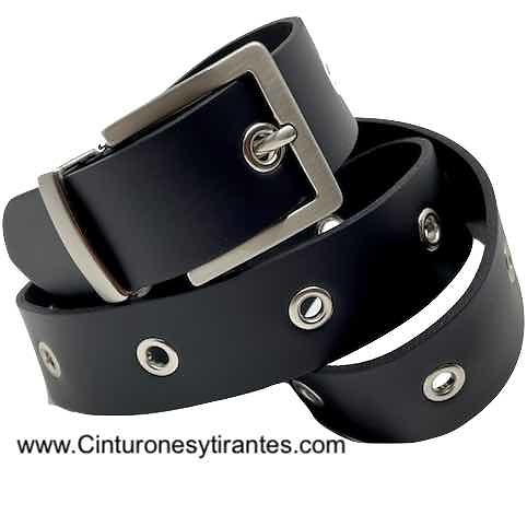 BLACK LEATHER BELT WITH EYES AND PINK CHROME METAL PIN 