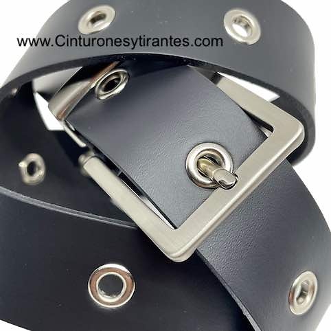 BLACK LEATHER BELT WITH EYES AND PINK CHROME METAL PIN 