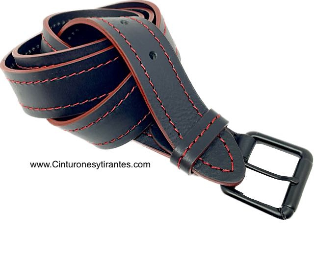 BLACK LEATHER BELT WITH RED STITCHING AND RED SPURS AND BLACK BUCKLE 