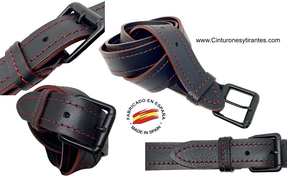 BLACK LEATHER BELT WITH RED STITCHING AND RED SPURS AND BLACK BUCKLE 