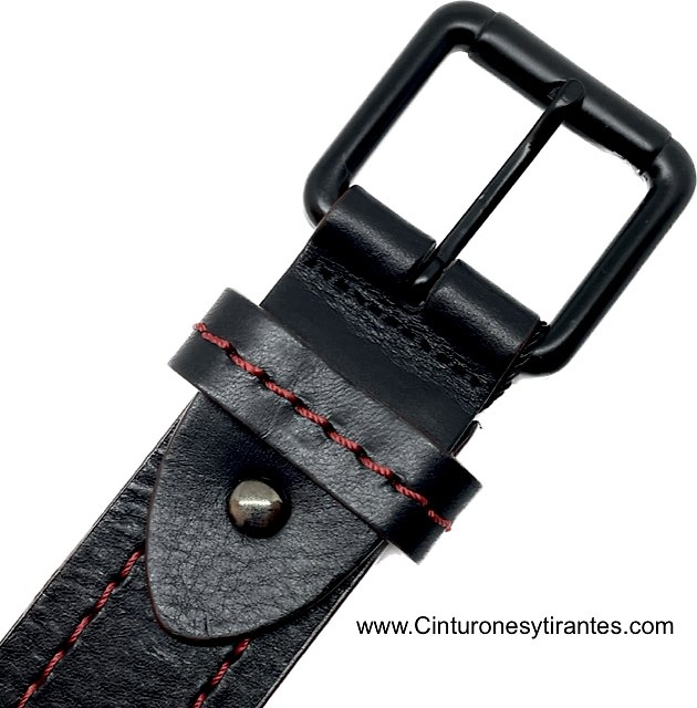 BLACK LEATHER BELT WITH RED STITCHING AND RED SPURS AND BLACK BUCKLE 