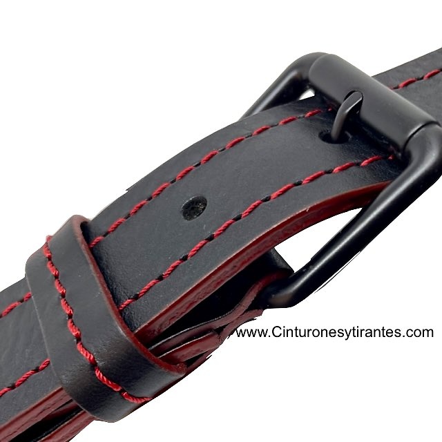 BLACK LEATHER BELT WITH RED STITCHING AND RED SPURS AND BLACK BUCKLE 