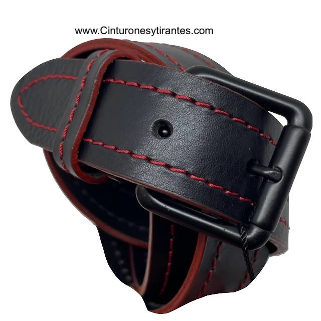 BLACK LEATHER BELT WITH RED STITCHING AND RED SPURS AND BLACK BUCKLE 