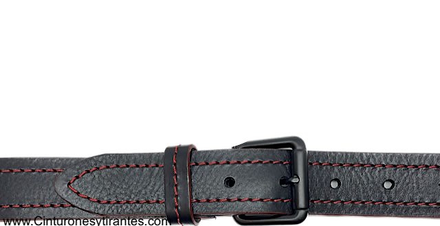 BLACK LEATHER BELT WITH RED STITCHING AND RED SPURS AND BLACK BUCKLE 