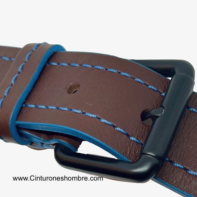 BROWN LEATHER BELT WITH BLUE STITCHING AND BLUE EDGES 