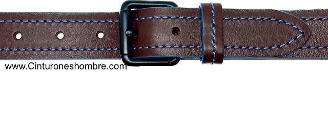 BROWN LEATHER BELT WITH BLUE STITCHING AND BLUE EDGES 