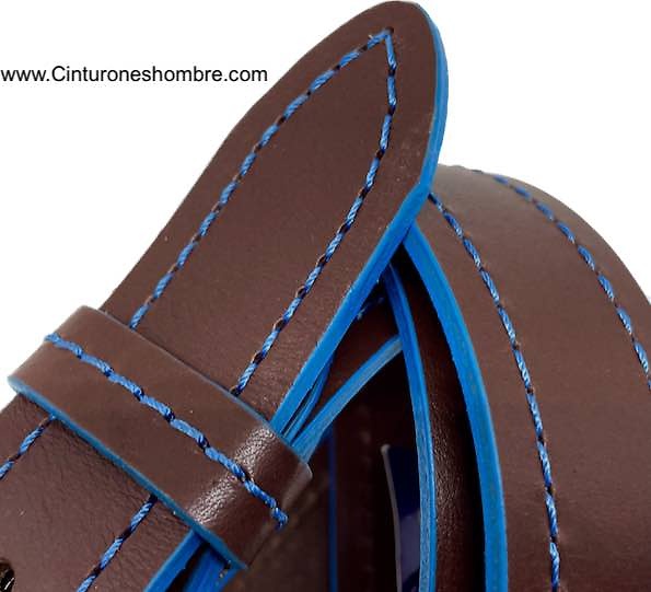 BROWN LEATHER BELT WITH BLUE STITCHING AND BLUE EDGES 