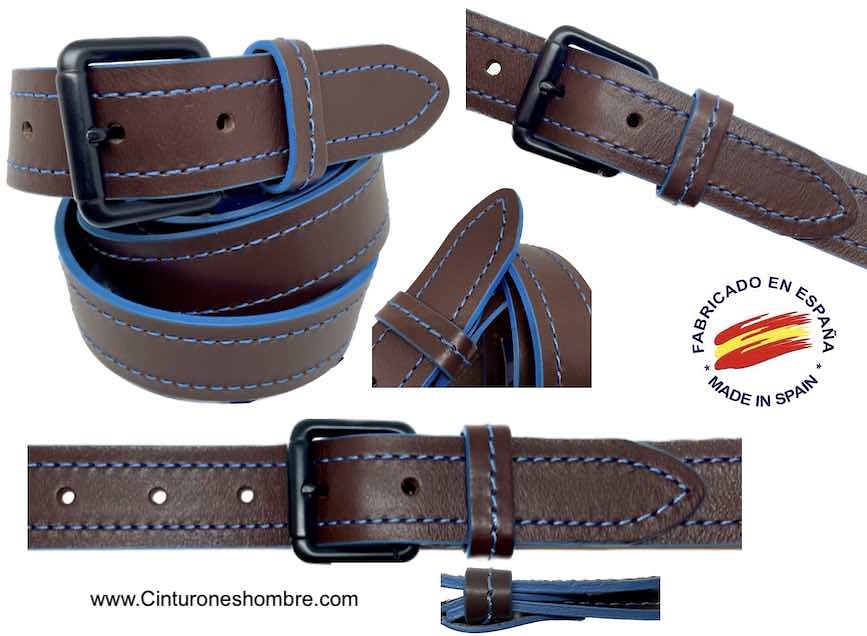 BROWN LEATHER BELT WITH BLUE STITCHING AND BLUE EDGES 