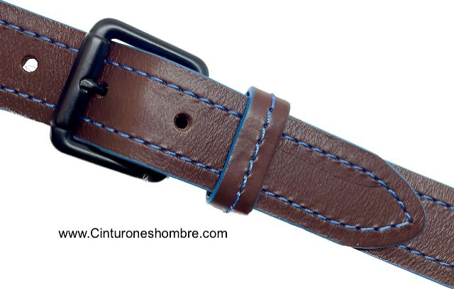 BROWN LEATHER BELT WITH BLUE STITCHING AND BLUE EDGES 