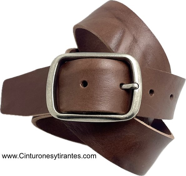 CINTURÓN ANCHO EN 4 CMS DE CUERO EXTRA FUERTE CON HEBILLA MACIZA ENVEJECIDA PASE DOBLE 