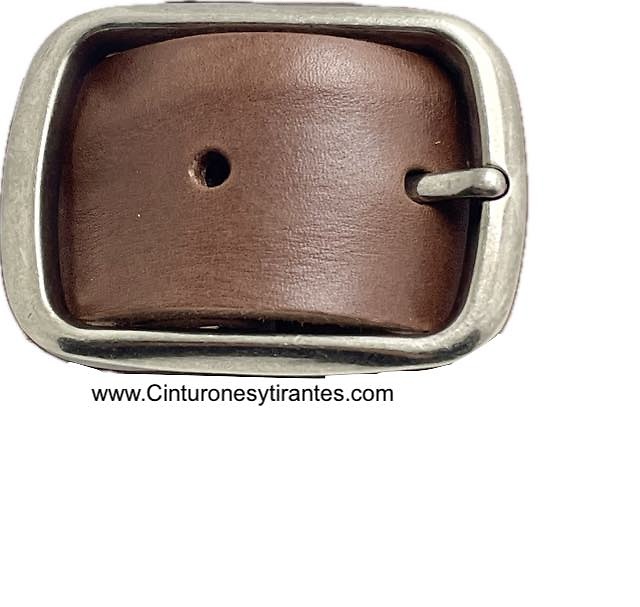 CINTURÓN ANCHO EN 4 CMS DE CUERO EXTRA FUERTE CON HEBILLA MACIZA ENVEJECIDA PASE DOBLE 
