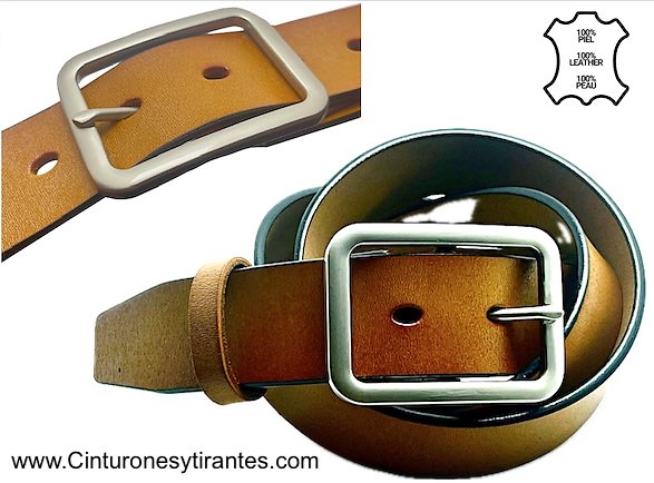 CINTURÓN DE CUERO NATURAL CON HEBILLA METAL PAVONADO DE PASE DOBLE 