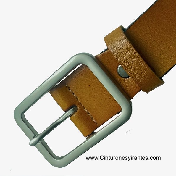 CINTURÓN DE CUERO NATURAL CON HEBILLA METAL PAVONADO DE PASE DOBLE 