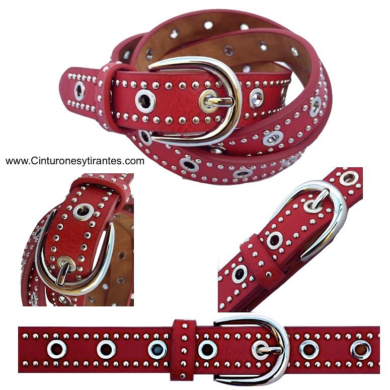 ROJO CINTURON DE MUJER ESTRECHO DE COLOR ROJO CON OJETES Y TACHAS