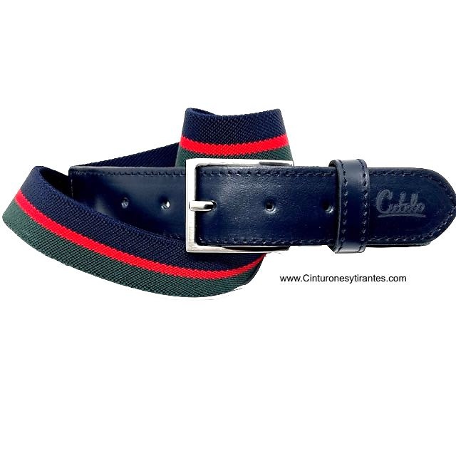 CINTURÓN ELÁSTICO DE PIEL PARA HOMBRE TRICOLOR AZUL VERDE ROJO MARCA CUBILO 