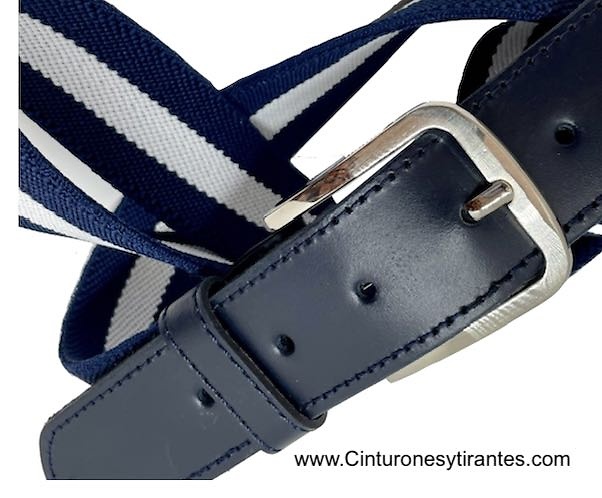 CINTURÓN ELASTICO Y PIEL PARA HOMBRE AZUL MARINO Y BLANCO 