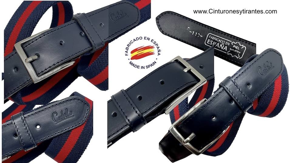 Cinturón elástico con terminaciones de piel marca Cubilo Azul y Rojo 