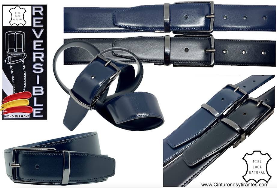 CINTURÓN REVERSIBLE DE HOMBRE EN PIEL LUXURY NEGRO Y AZUL MARINO CON HEBILLA PAVONADA 