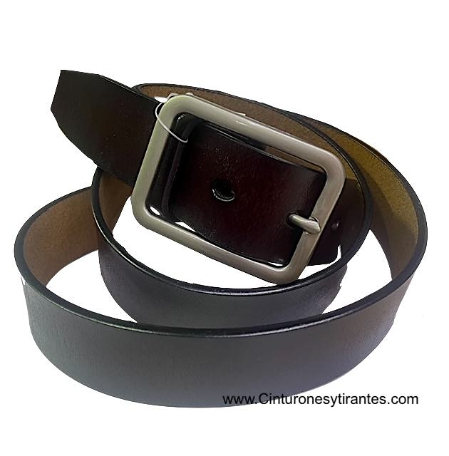 DARK BROWN LEATHER BELT WITH DOUBLE-PASS BLUE-FINISHED BUCKLE 
