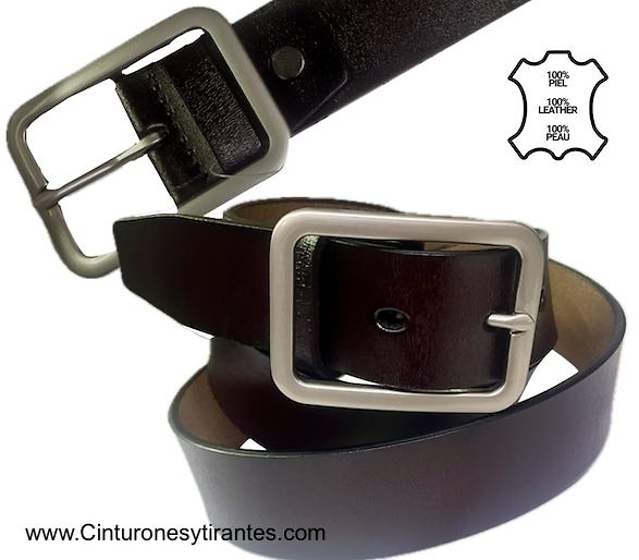 DARK BROWN LEATHER BELT WITH DOUBLE-PASS BLUE-FINISHED BUCKLE 
