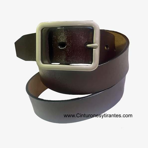 DARK BROWN LEATHER BELT WITH DOUBLE-PASS BLUE-FINISHED BUCKLE 