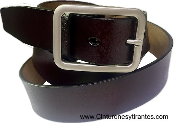 DARK BROWN LEATHER BELT WITH DOUBLE-PASS BLUE-FINISHED BUCKLE 