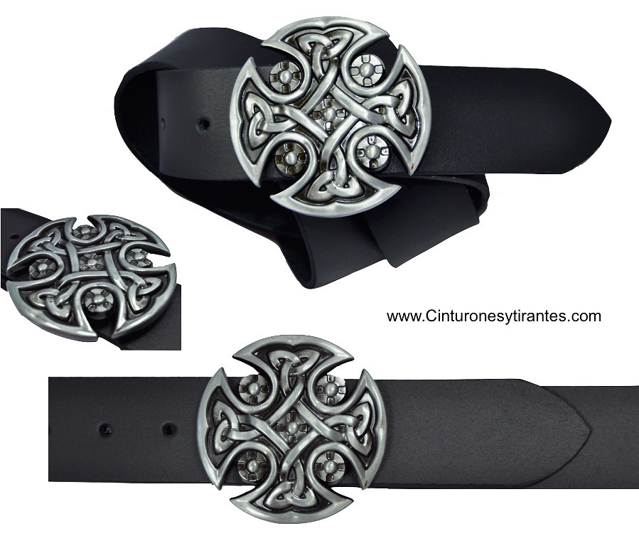 EATHER BELT BUCKLE WITH SOLID METAL CROSS CELTIC 