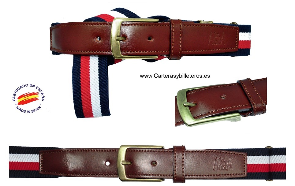 ELASTIC BELTS LEATHER NAVY BLUE WHITE AND RED 