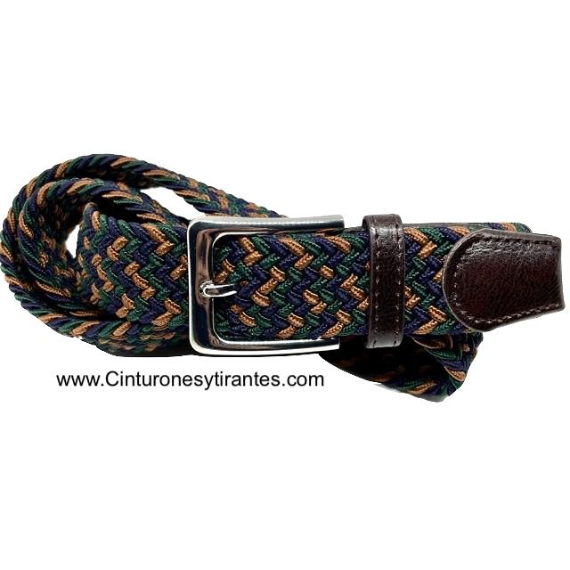 ELASTIC BRAIDED BELT FOR MEN IN CAMEL AND NAVY BLUE WITH GREEN 