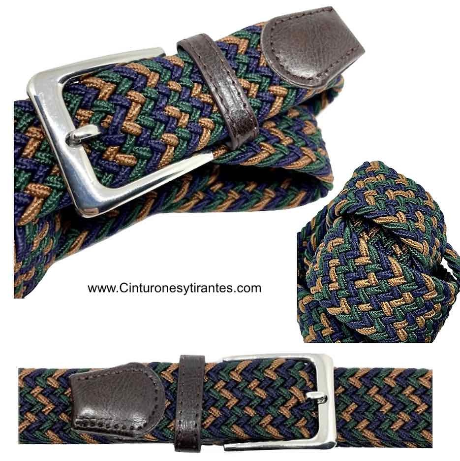 ELASTIC BRAIDED BELT FOR MEN IN CAMEL AND NAVY BLUE WITH GREEN 