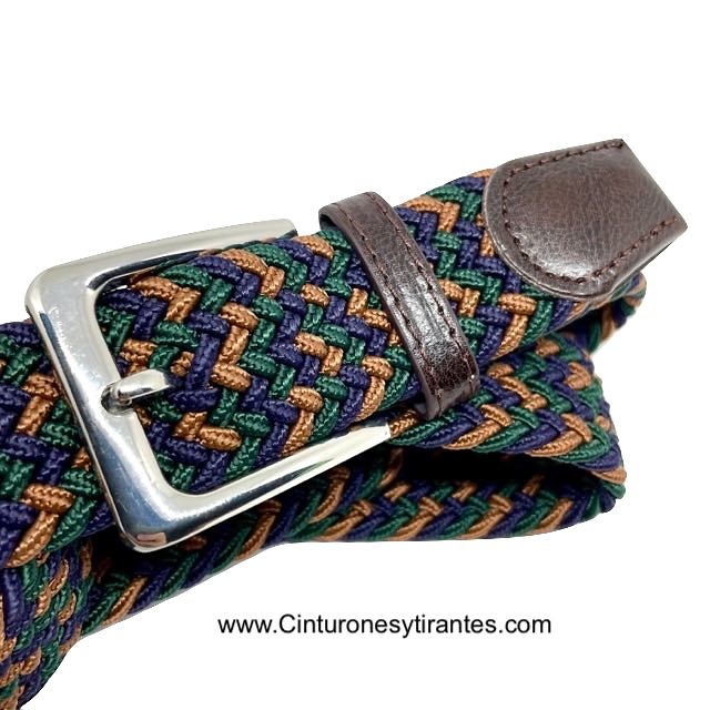 ELASTIC BRAIDED BELT FOR MEN IN CAMEL AND NAVY BLUE WITH GREEN 
