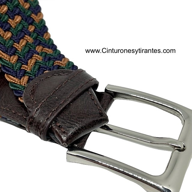 ELASTIC BRAIDED BELT FOR MEN IN CAMEL AND NAVY BLUE WITH GREEN 