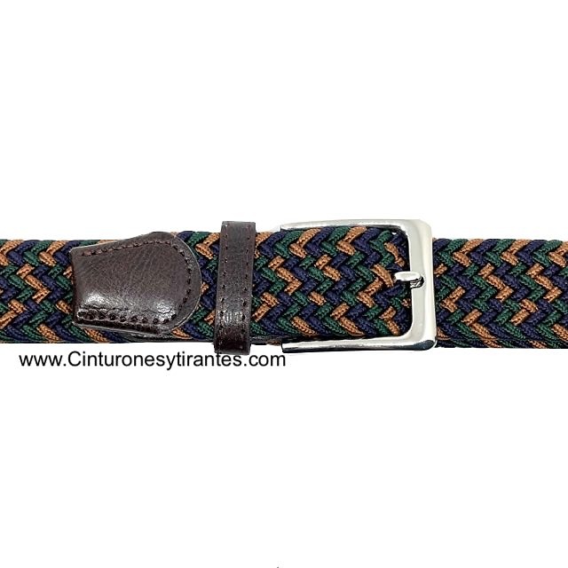 ELASTIC BRAIDED BELT FOR MEN IN CAMEL AND NAVY BLUE WITH GREEN 