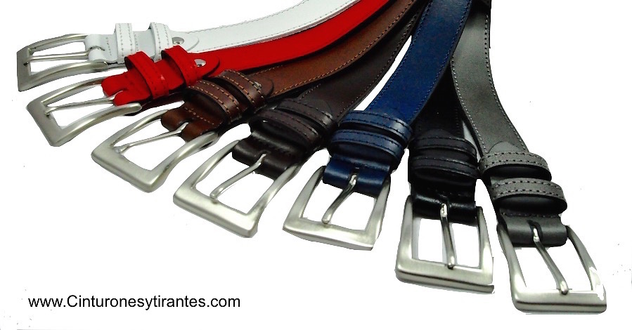 LEATHER BELT WITH DOUBLE PIN MADE WITH TONE THREAD - 7 colors- 