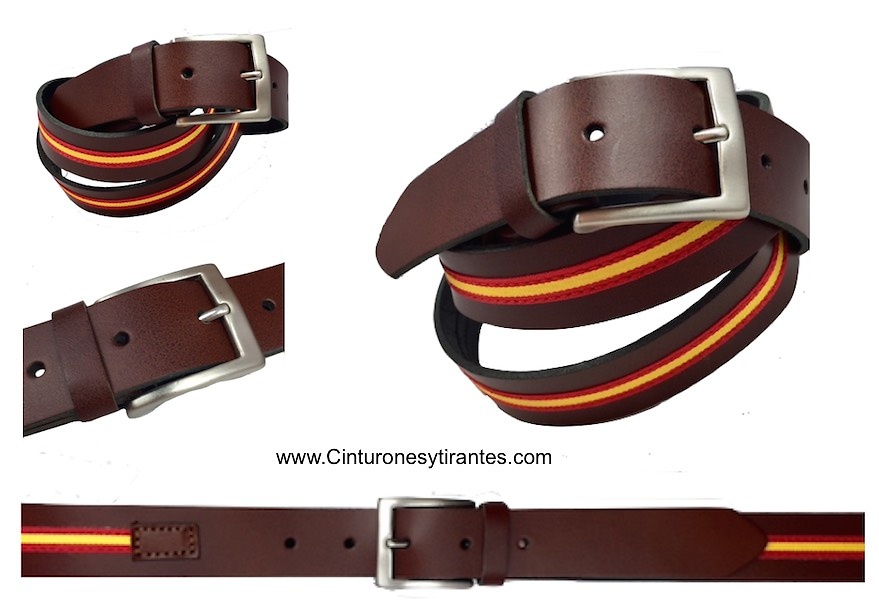 LEATHER BELT WITH FLAG OF SPAIN BROWN 