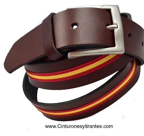 LEATHER BELT WITH FLAG OF SPAIN BROWN 