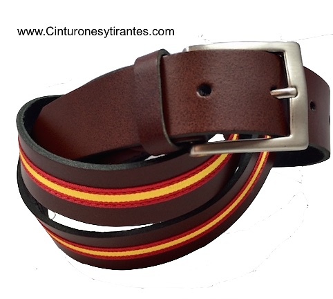 LEATHER BELT WITH FLAG OF SPAIN BROWN 