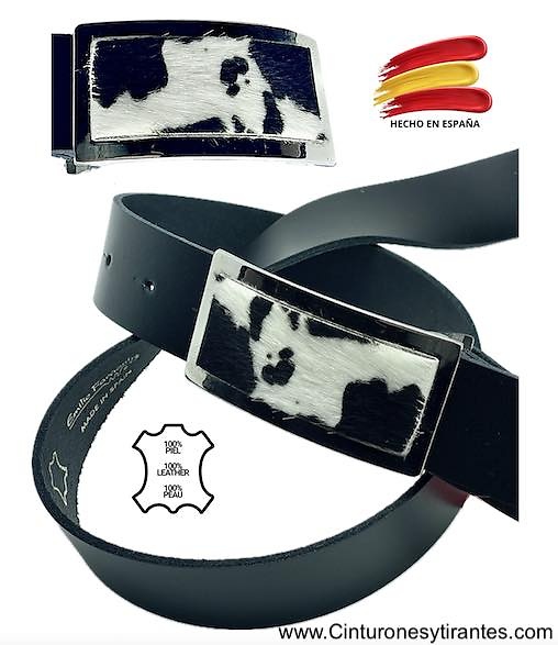 LEATHER BELT WITH METAL AND LEOPARD SKIN FRONT BUCKLE 