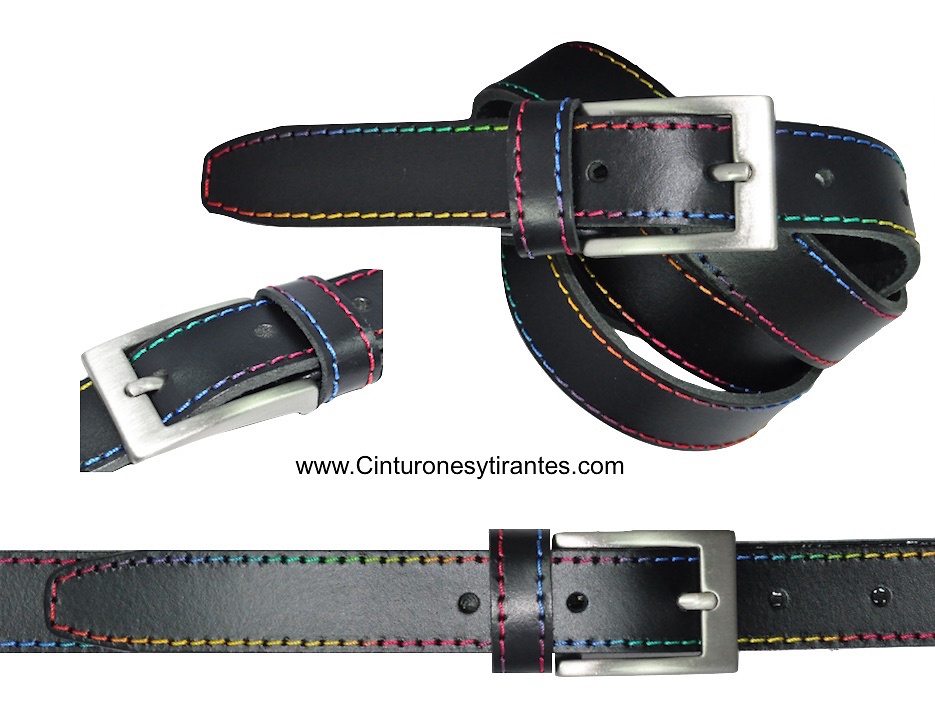 LEATHER BELT WITH MULTICOLOR SEWING THREAD UNISEX 