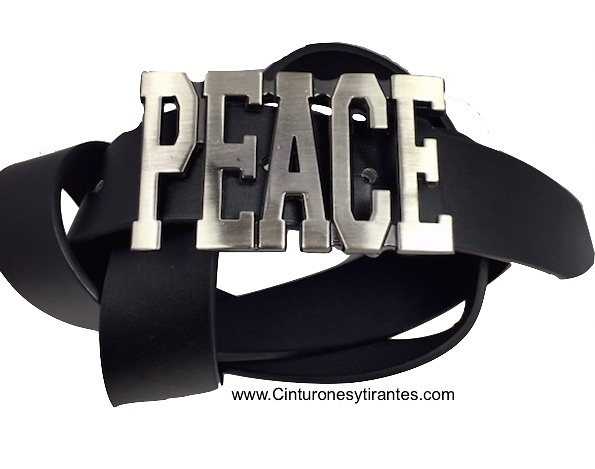 LEATHER BELT WITH PEACE BUCKLE IN METAL ENGLISH 