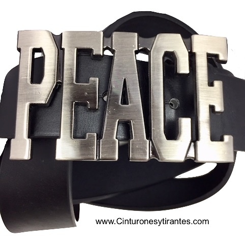 LEATHER BELT WITH PEACE BUCKLE IN METAL ENGLISH 