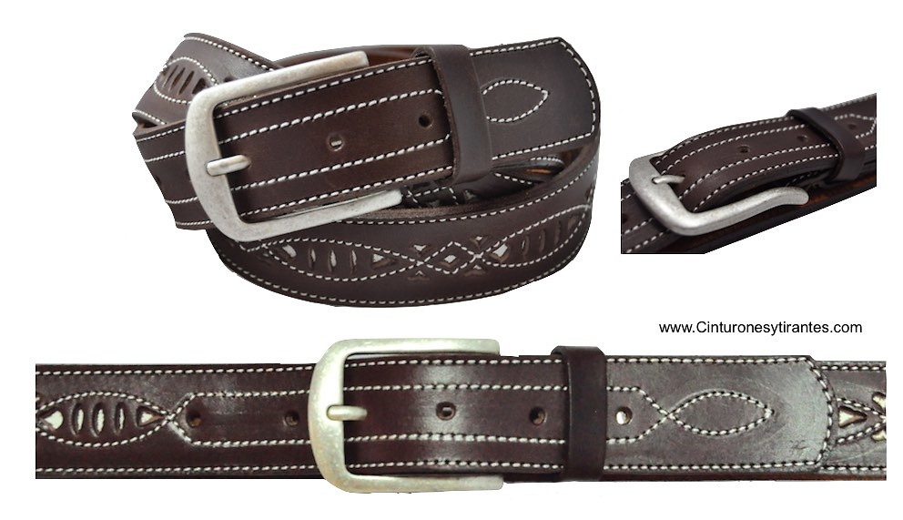 LEATHER MAN BELT WITH ROUGH AND CRAFT WORK STITCHING 