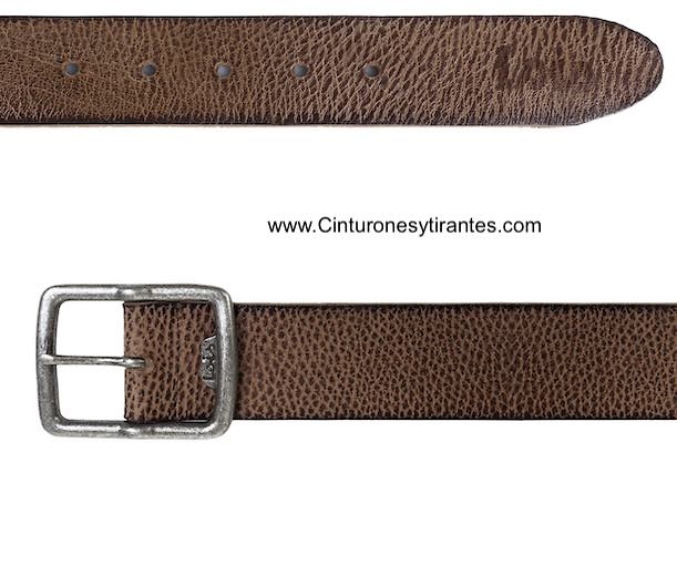 LOIS BELT IN BURNT LEATHER WITH BUCKLE IN OLD SILVER WITH ENGRAVED LOIS BRAND NAME 