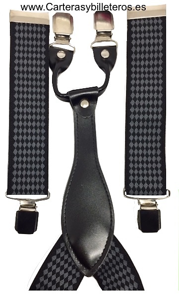 Elastic rubber suspenders with small black and gray diamonds 