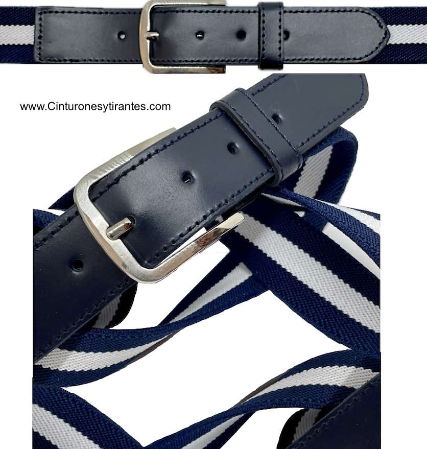 MEN'S ELASTIC AND LEATHER BELT NAVY BLUE AND WHITE 