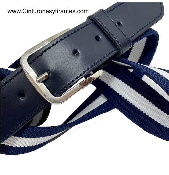 MEN'S ELASTIC AND LEATHER BELT NAVY BLUE AND WHITE 