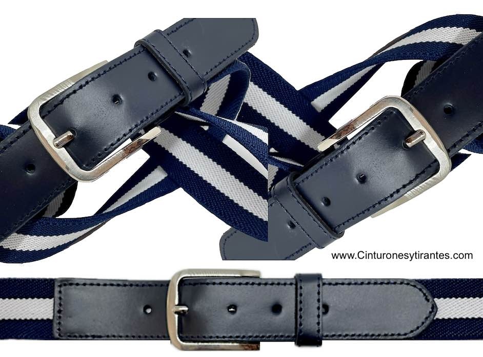 MEN'S ELASTIC AND LEATHER BELT NAVY BLUE AND WHITE 