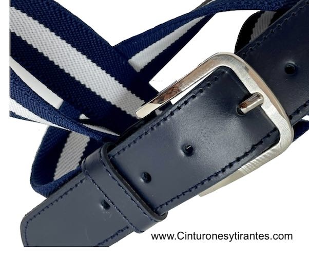 MEN'S ELASTIC AND LEATHER BELT NAVY BLUE AND WHITE 