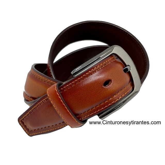 MEN'S LEATHER BELT RAISED WITH PERIMETER STITCHING 